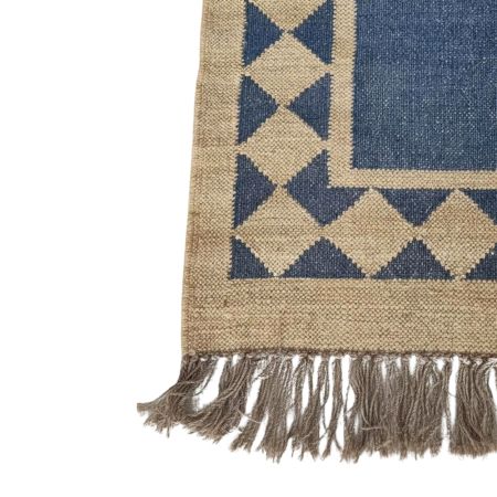 Handmade Blue And Beige Jute Vintage Dhurrie For Living Room